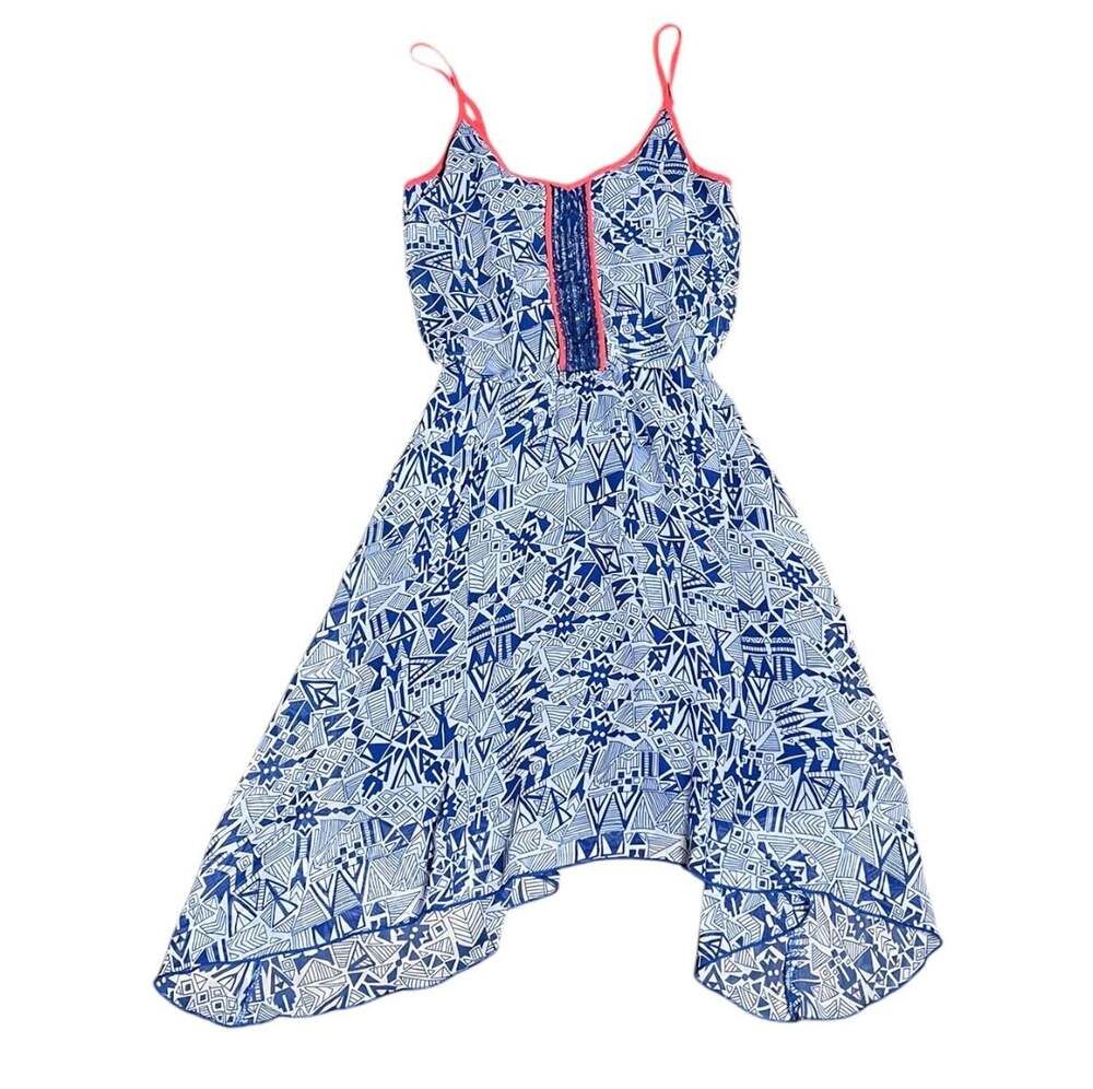 Roxy Blue and White Geometric Print Handkerchief Hem Dress